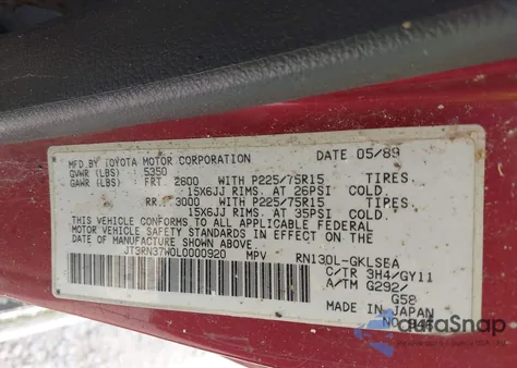 1990 Toyota 4Runner Rn37 из США, поврежденный, VIN JT3RN37W0L0000920